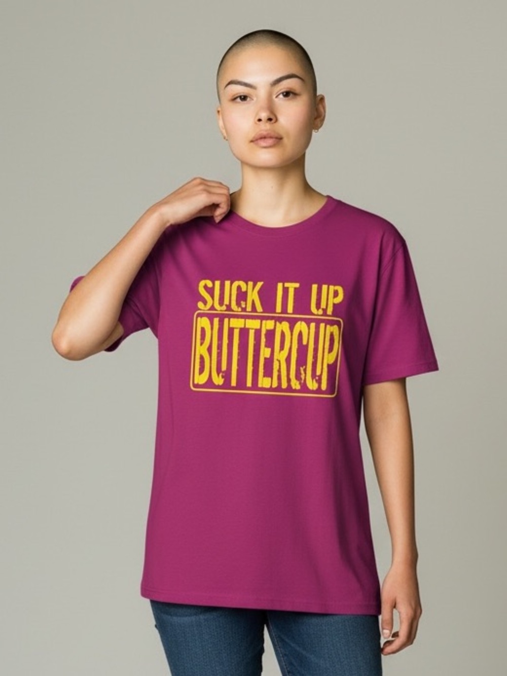 CAT Suck It Up Buttercup Graphic Tee XL 22” p2p Magenta